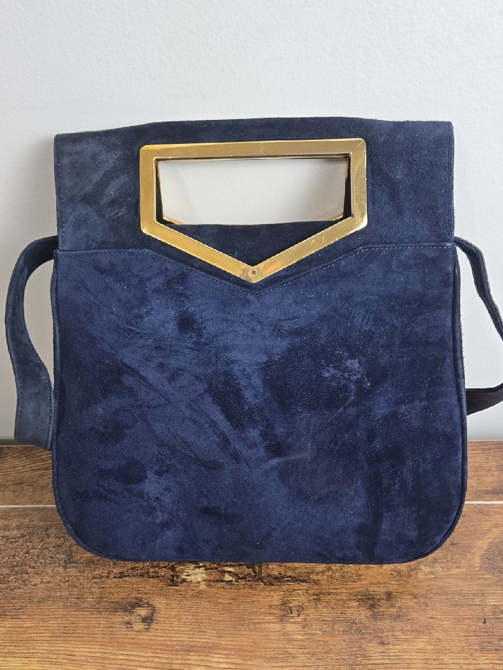 Vintage Salvatore Ferragamo Blue Suede Shoulder Bag with Gold Accent Euro Boho - Picture 2 of 12
